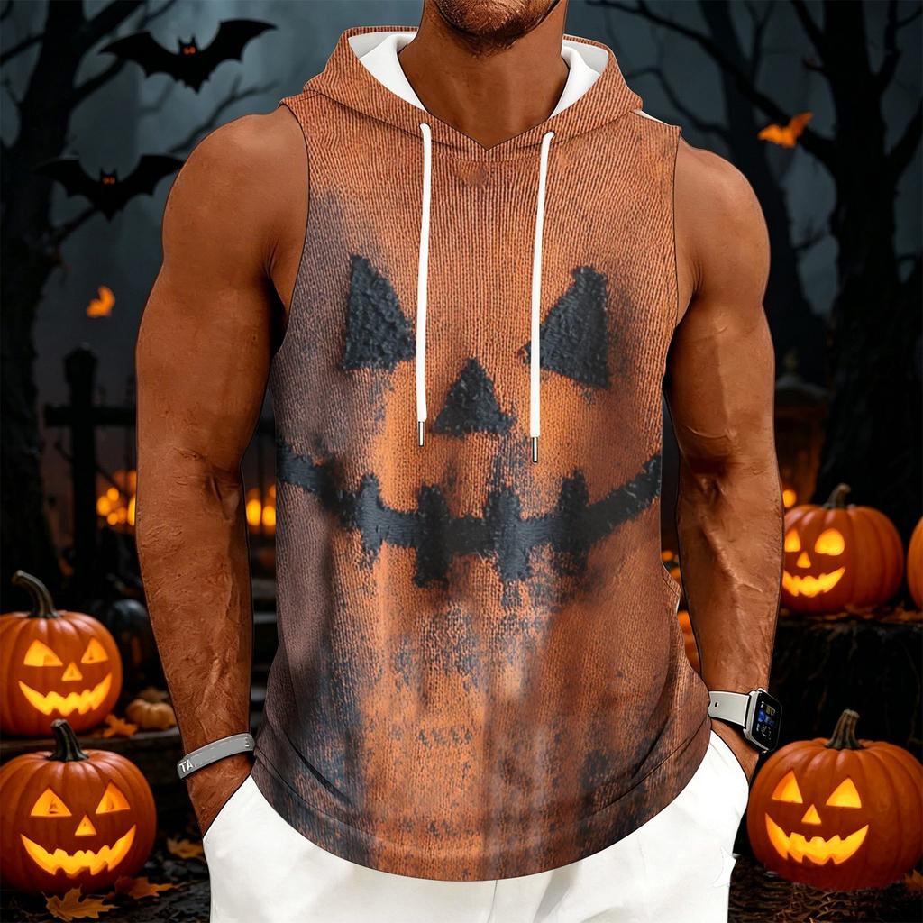 Men's Halloween Printed Hooded Sleeveless Drawstring Vest Casual Top