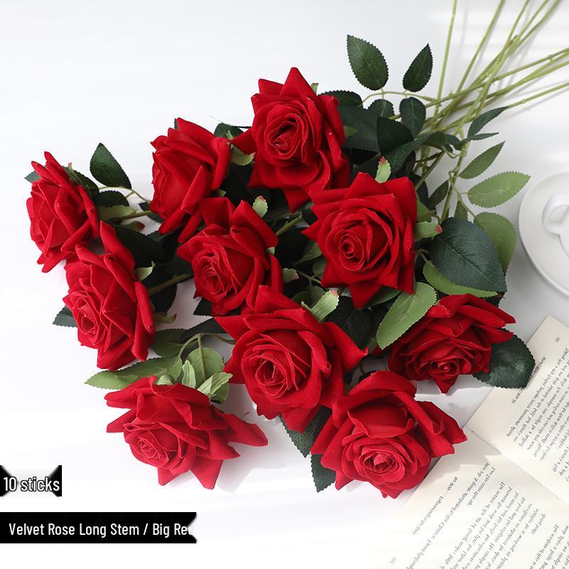 Red Velvet Rose Artificial Flowers - 10 Long Stems for Living Room or TV Cabinet Decor