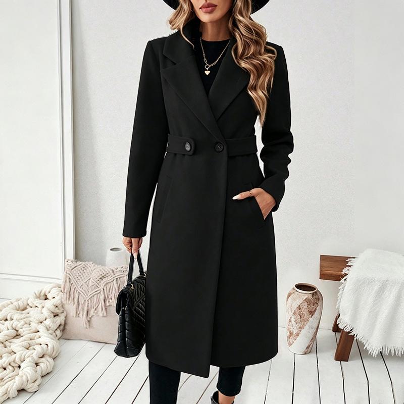2026 Autumn and Winter New Temperament Extended Slim Jacket European and American Women's Lapel Double-breasted Woolen Coat
