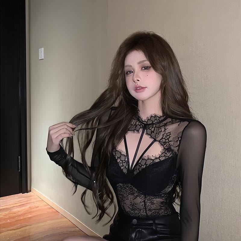 Women's Sexy Lace Bodysuit Lingerie, Sheer Mesh Long Sleeve Plus Size Teddy Lingerie