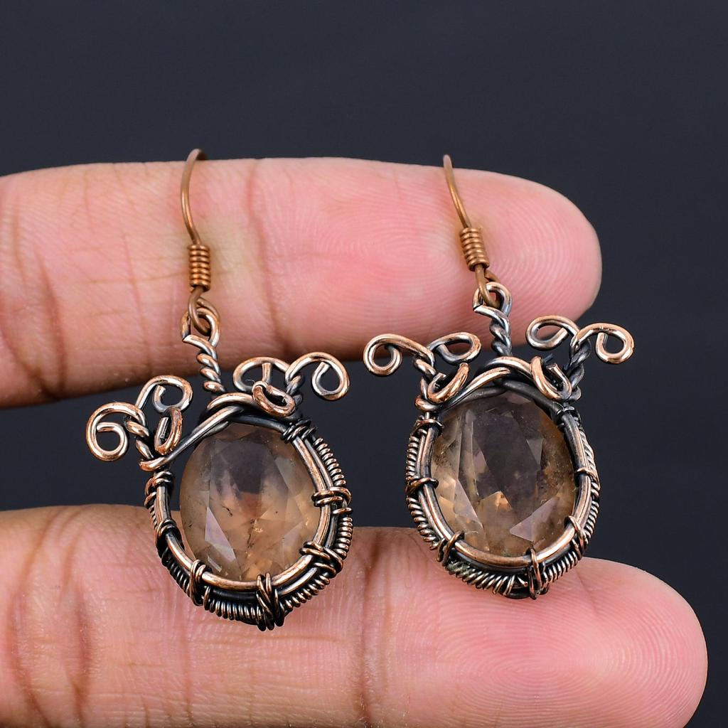 Smoky Topaz Earrings Gemstone Jewelry, 999 Copper Wire Wrapped Earrings, Handmade Beautiful Jewelry Earrings
