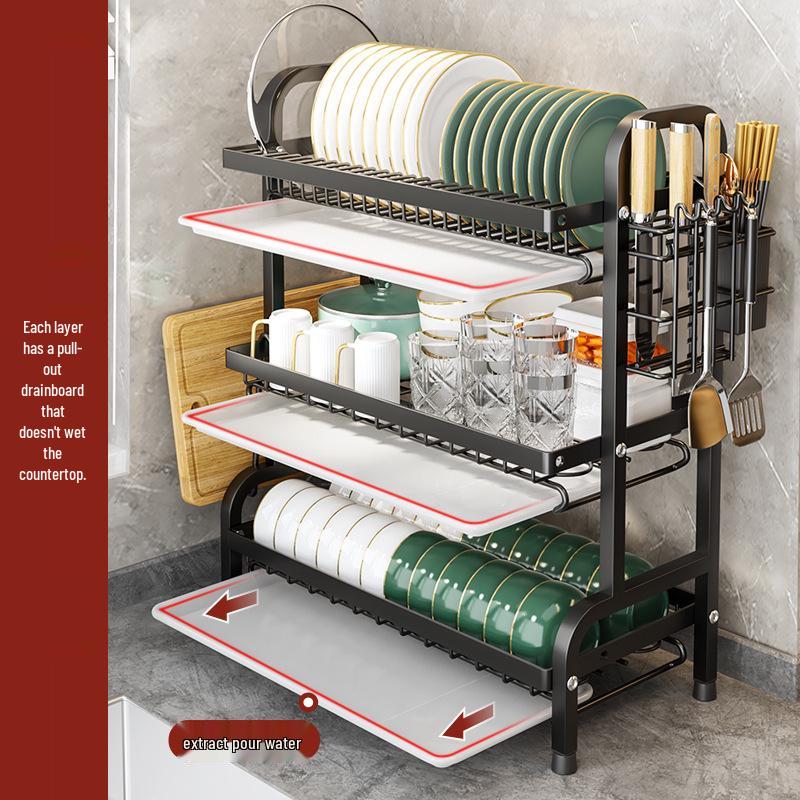 Multi-Functional Kitchen Storage Rack: Layered Bowl & Dish Drainer with Knife & Fork Organizer