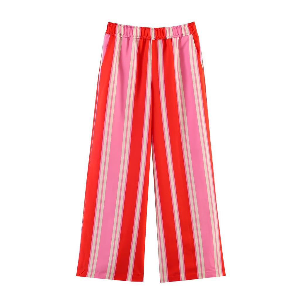 European and American style wholesale women's clothing wide short sleeve side split striped POLO collar shirt + striped wide leg pants