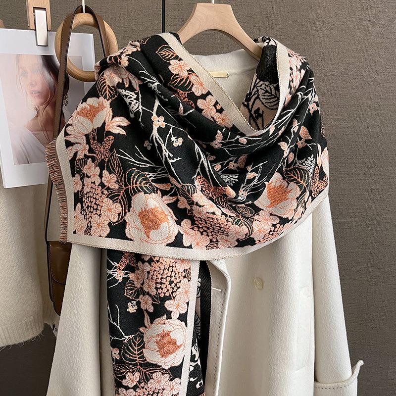Women S Floral Pattern Faux Cashmere Scarf Winter Warm Fashionable Shawl