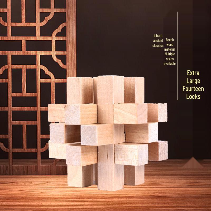 Extra Large Beech Wood Luban Lock: 14-Piece Mortise & Tenon Puzzle Toy with Instructions & Samples
