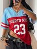 T-shirt Maillot de Sport Rétro Rouge et Bleu Style Porto Rico 23 Manches Courtes Été Coupe Ample Sportif Élégant Y2K Hauts pour Femmes Tee
