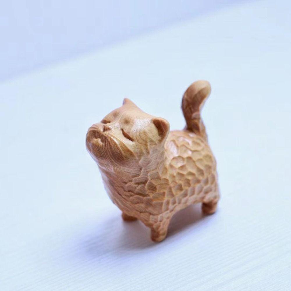 Tiny Cat Sculpture Hand-carved Animal Figurine Cat Ornament Wooden Cat Statue  Desktop