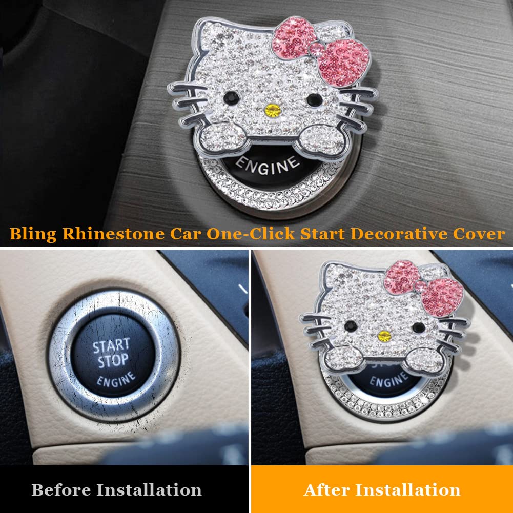 YOLRIND Car Push Start Button Cute Cat Glitter Car Accessory for Engine Push To Start Button Interior Accessory Decoration Cover, Women, Cover, (Pink)