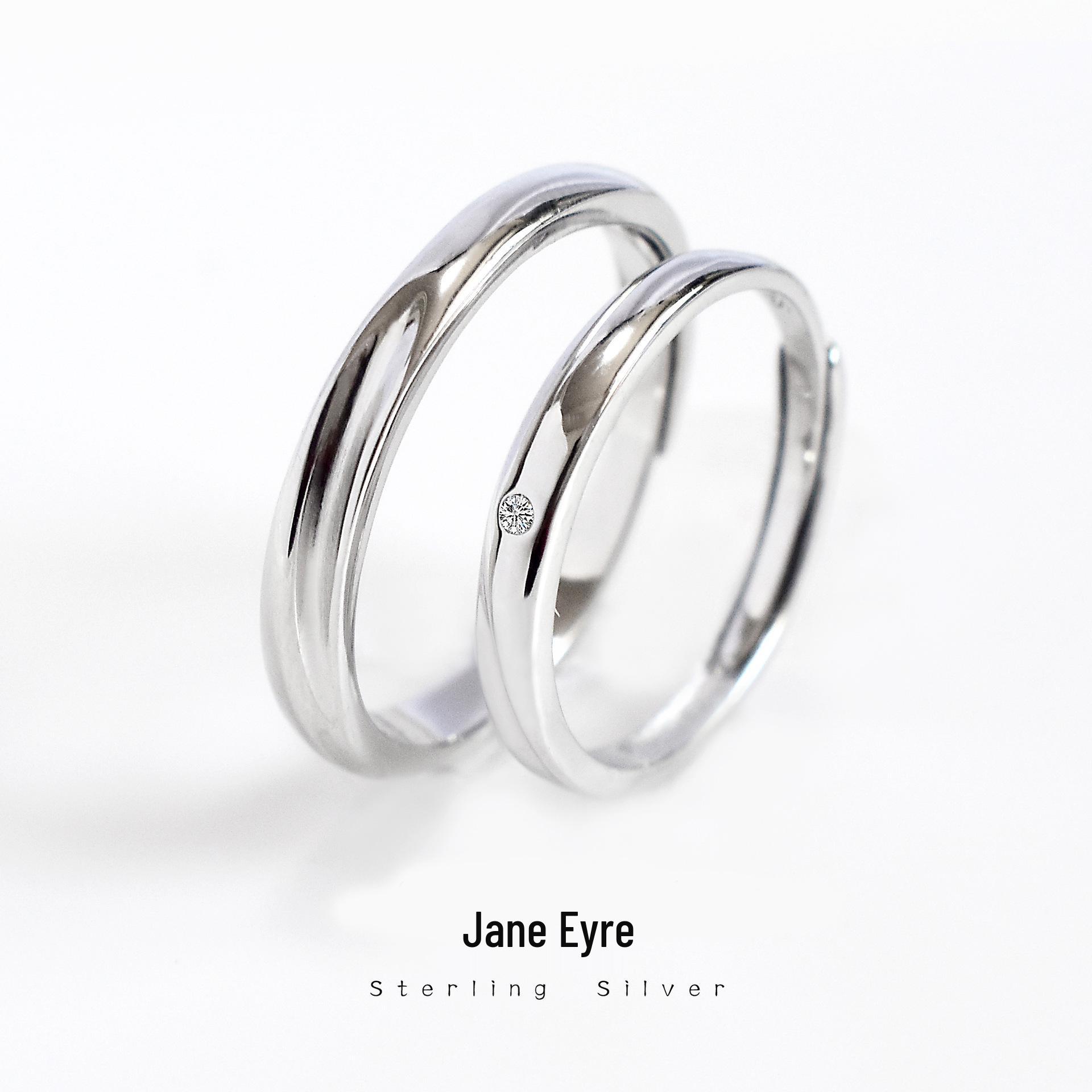 

S925 Sterling Silver Engraved Couple Rings: Chic, Minimalist, Adjustable with Small Diamonds Women s Open Adjustable