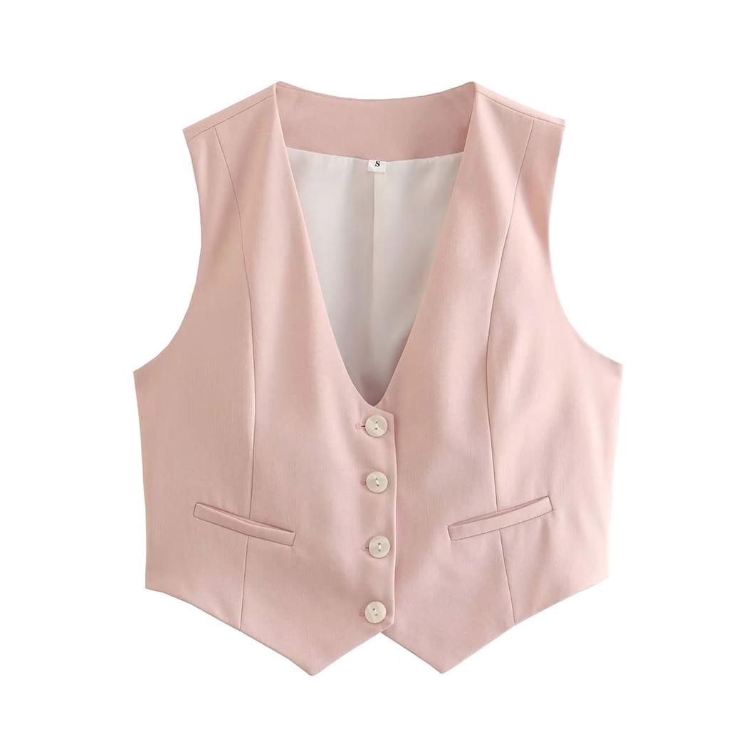 Dames Retro Ensfarget Godterifarge V-hals Kort Dressvest