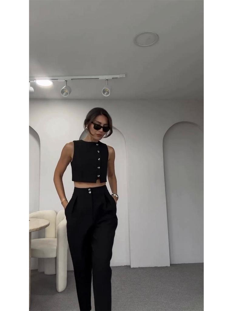 Europäische & Amerikanische Damenmode 2024 Frühling/Sommer Ärmelloses Top & Hochtaillierte Cropped-Hose Set