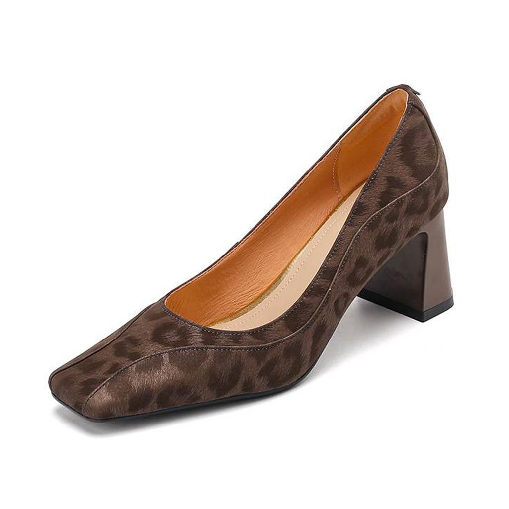 Krazing Pot Vintage Full Grain Leather Summer Autumn Thick High Heels Party Shoes Women Square Toe Leopard Prints Pumps