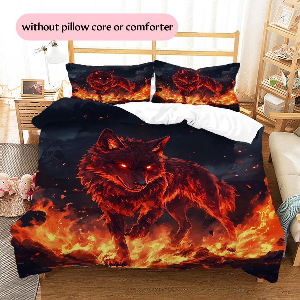 Flame Wolf Pattern Bedding Quilt Set Quilt Cover Pillowcase Home Decoration Gift (1 * duvet cover + 2 * pillowcase, without core)