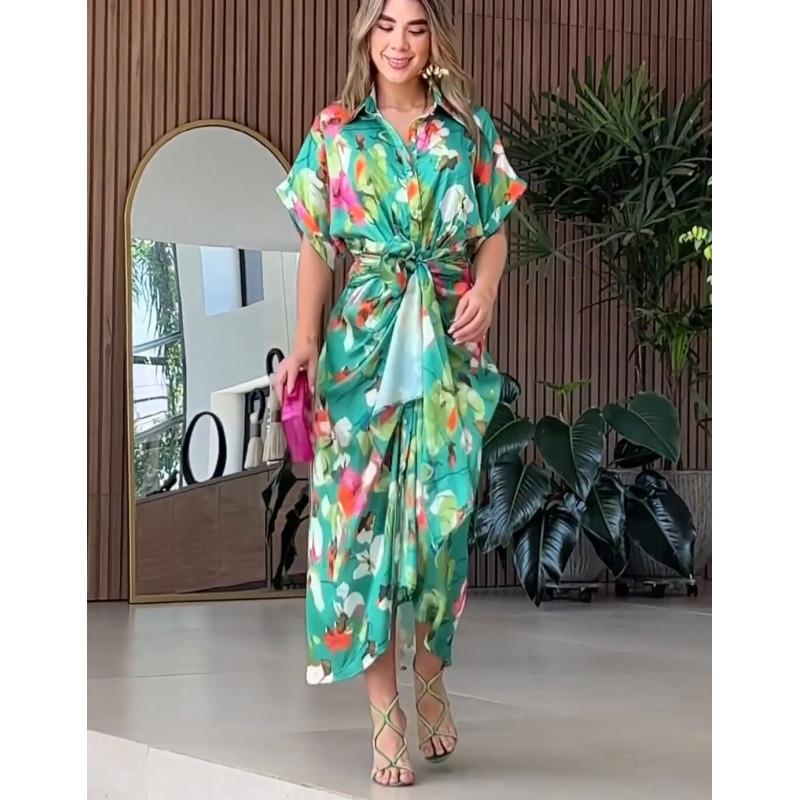INDFS Women's Fashion Spring Fall Flower Pattern Print Long Sleeve POLO Neck High Waist Casual Dresses