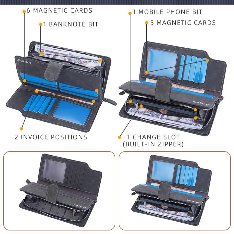 Baellerry Men's Fashion Long Wallet Matte Cell Phone Bag Clutch Bag with Wrist Strap Multi-card Slot Card Holder Zipper Coin Purse Vintage Billfold