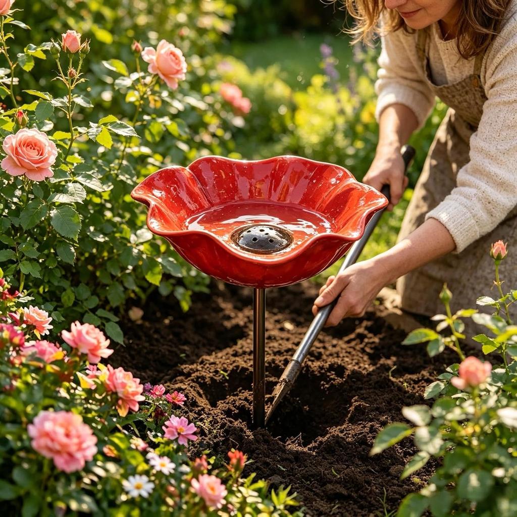 Piquet de Jardin 4 en 1 Multifonction Bain d'Oiseaux Mangeoire Colibris Fleur en Métal Faite à la Main Design Résistant aux Intempéries Rose pour Abeille Papillon Extérieur