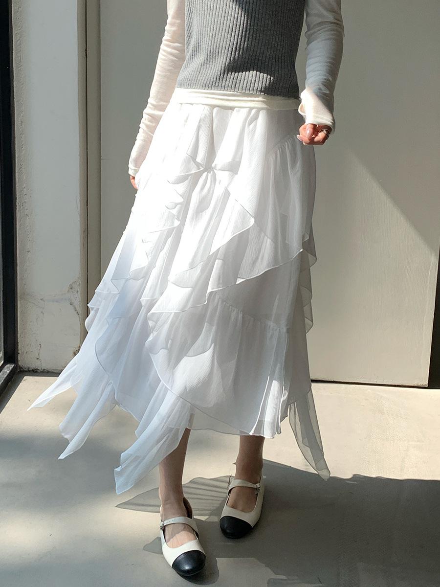 Women s 2026 Spring Korean High-Waist A-line White Skirt with Unique Irregular Design Small