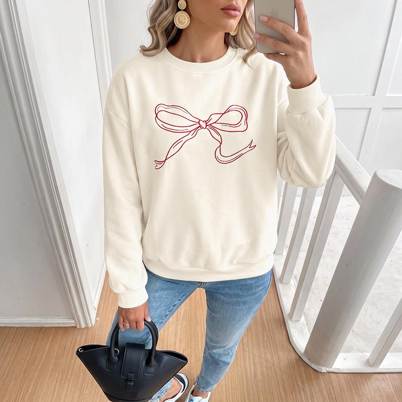 European-American Casual Loose Round Neck Pullover with Sweet Embroidery & Bowknot Design for Women