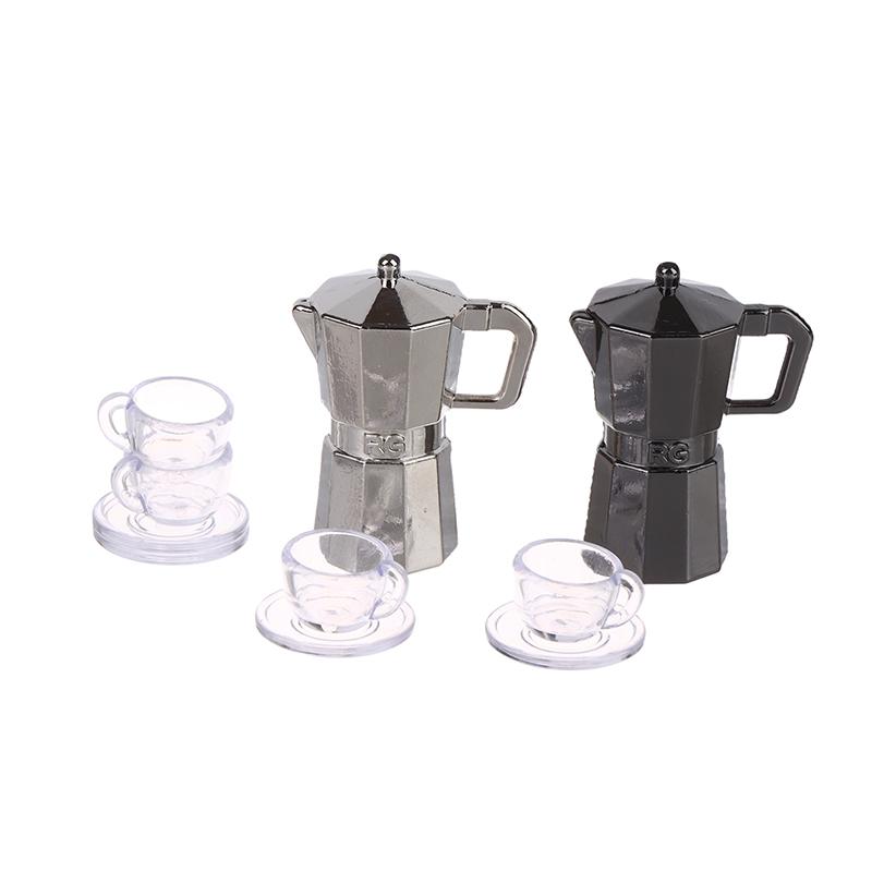 1Set 1:12 Dollhouse Miniature Coffee Pot Metal Kettle Moka Pot W/Cup Tray Kitchen Home Model Decor Toy Doll House Accessories