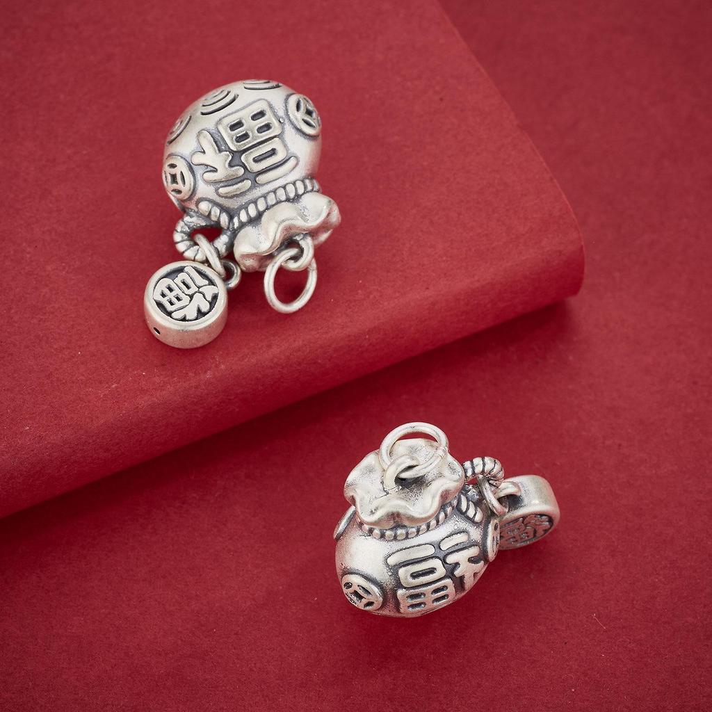 Pure 999 Sterling Silver Coin Purse Tassel Pendant with Fu Character & Red String - DIY Beading Accessory in Chinese Style