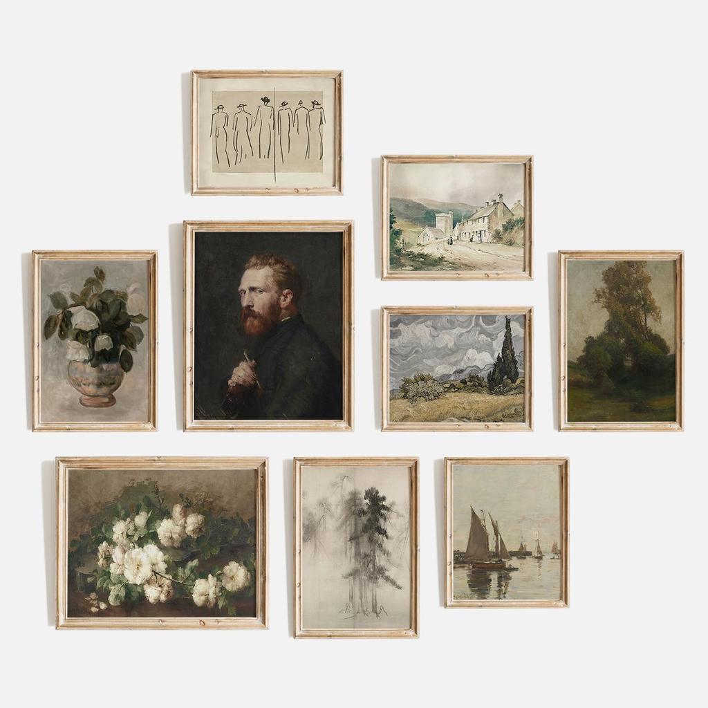 TheCanvas Vintage Wall Art Prints Set of 9, Eclectic Nature Wall Art for Living Room, French Country Landscape Painting, Gallery Wall Decor for