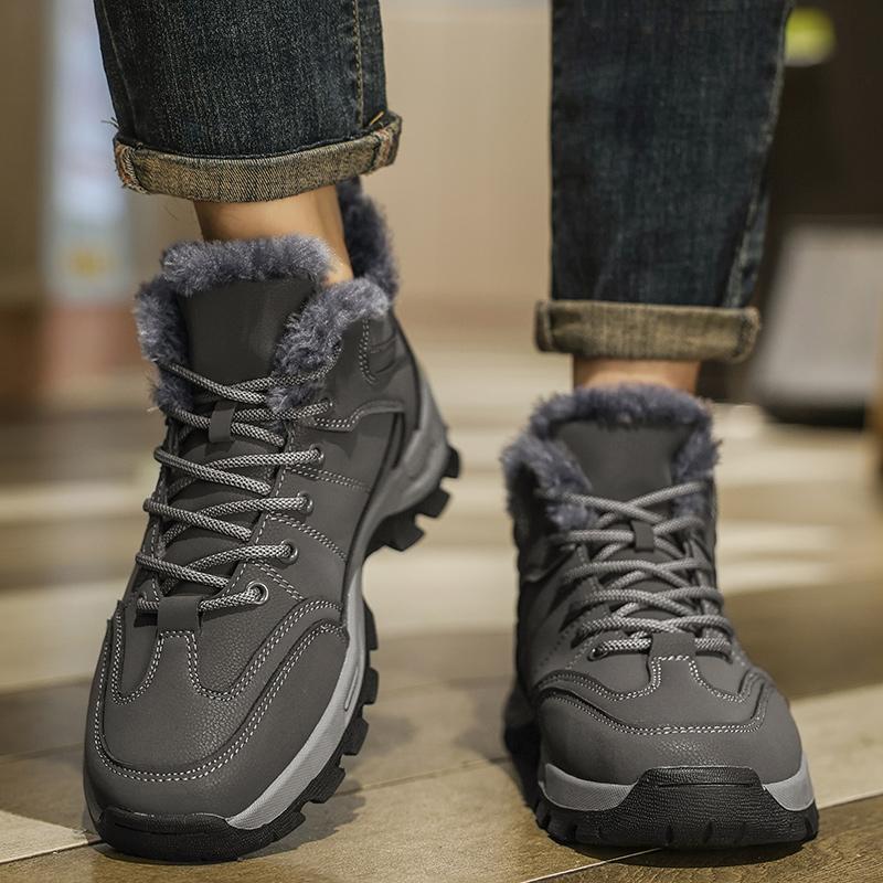 Fashion Man Cotton Boots Men Winter Short Plush High-top Leather Shoes Men's Thickened Non-slip Snow Boots Man Comfy Lace-up Solid Boots