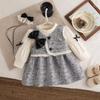 Autumn Sweet Bow Baby Girl Dress Simple Checkered Long Sleeved Children'S Clothing Suitable Babies