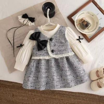 Autumn Sweet Bow Baby Girl Dress Simple Checkered Long Sleeved Children'S Clothing Suitable Babies