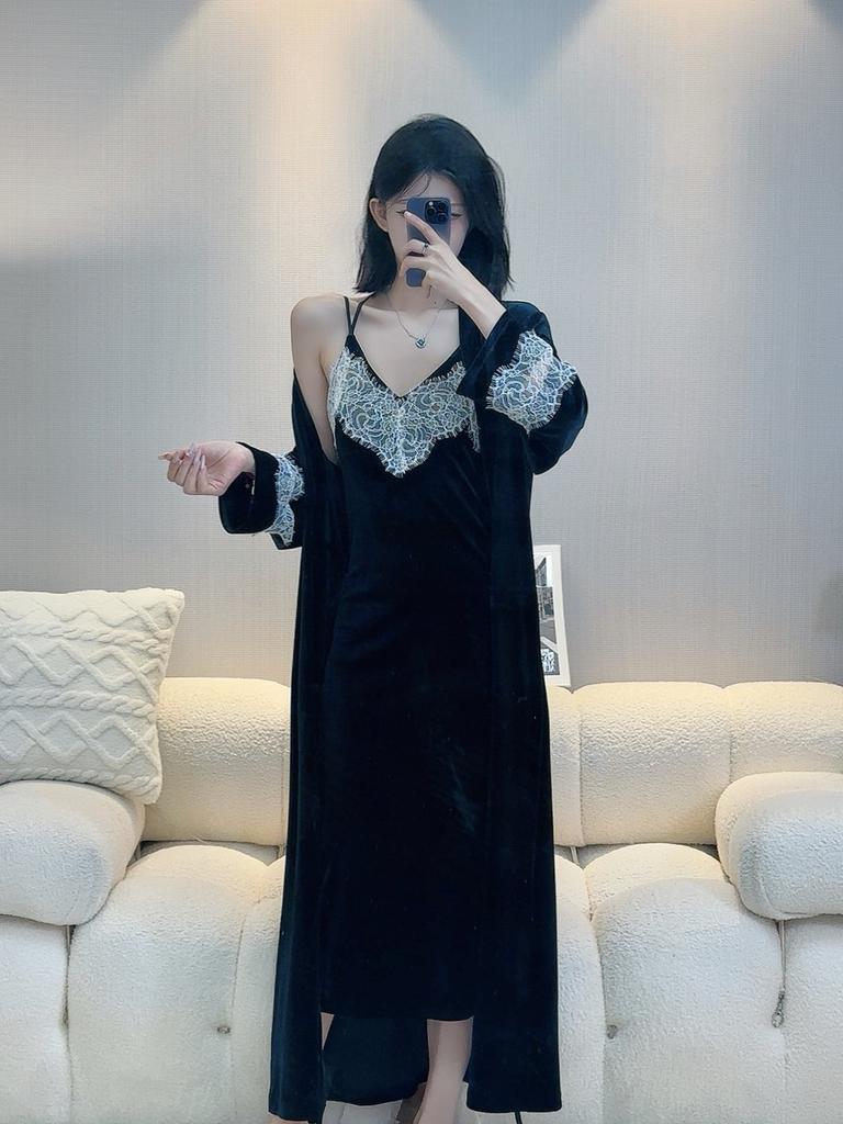 Golden Velvet Sexy Pajamas Women's Chest Pad Suspender Pajamas Two-piece Set Long Over Knee Pure Desire High-end Homewear