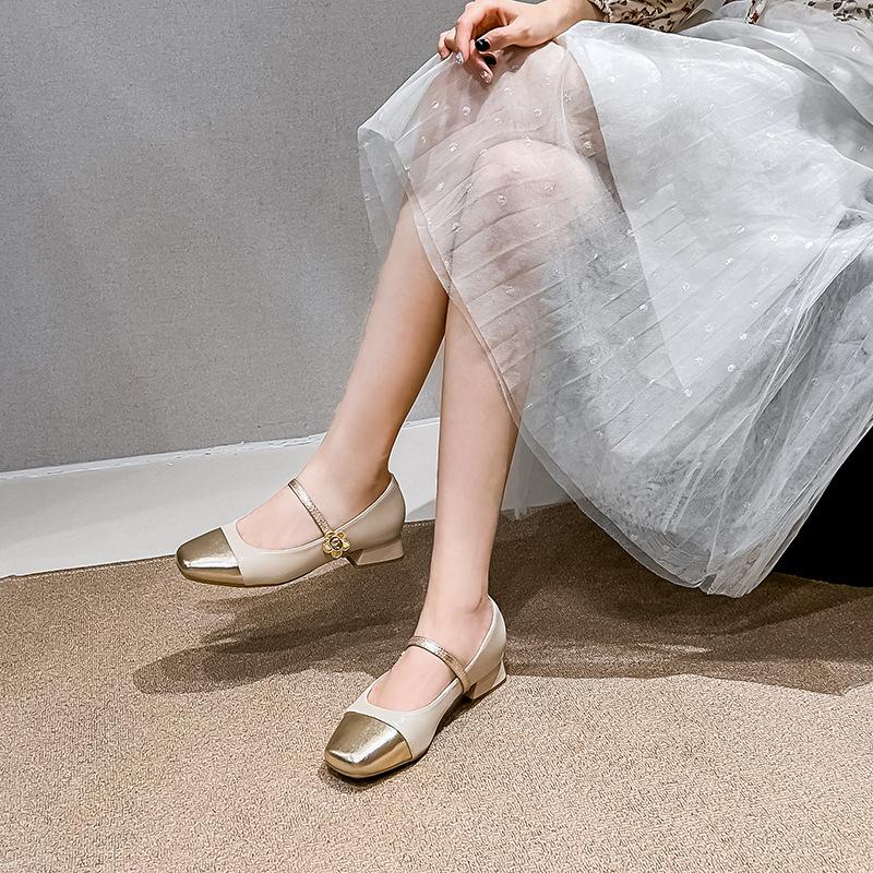 Coarse heel single shoes women's spring and autumn new shallow mouth square head grandma shoes with skirt fairy