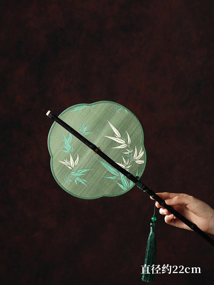 Fan Ancient Style Bamboo Round Vintage Flower Embroidery Chinese Style Hanfu Accessories Foldable Curly Long Handle Portable 1Pc