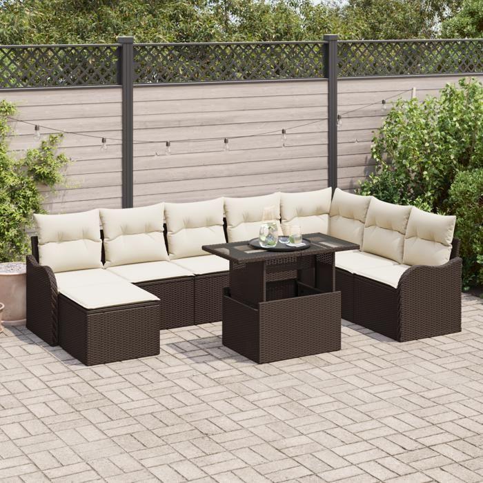 Ensemble de canapés de jardin de 9 pièces avec coussins marron en poly rattan, Canapé de jardin 2 places avec coussins 3348514