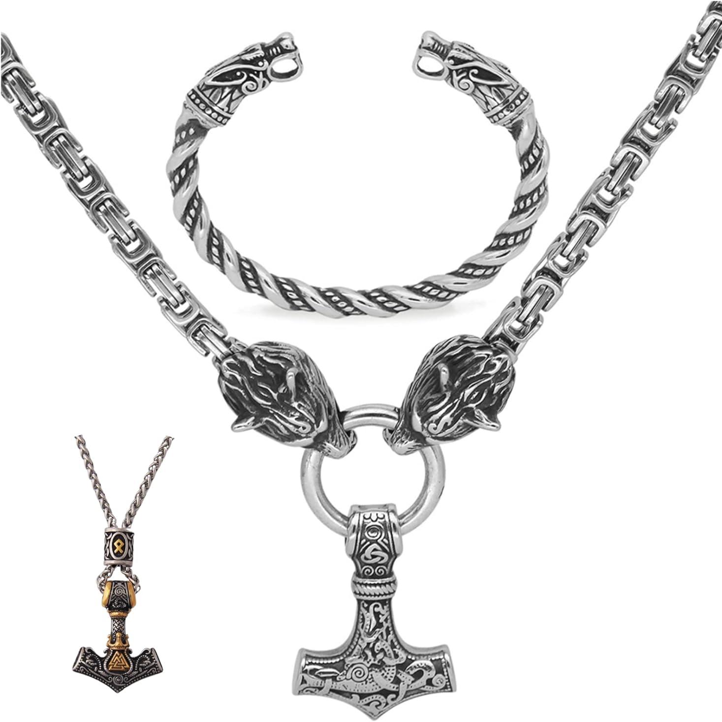 Vikings Handmade Steel Thor Hammer Necklace with Wolf Heads Mjolnir Pendant Norse Jewelry for Men 50cm