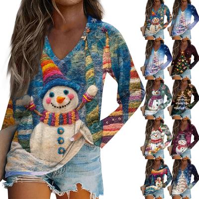 Women's Casual Christmas Printed V Neck Long Sleeved Top