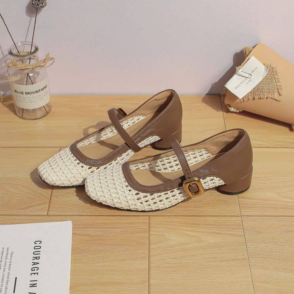 Autumn new Xiaoxiangfeng woven mesh breathable single shoes femininity high heels women are not tired feet Mary Jane shoes