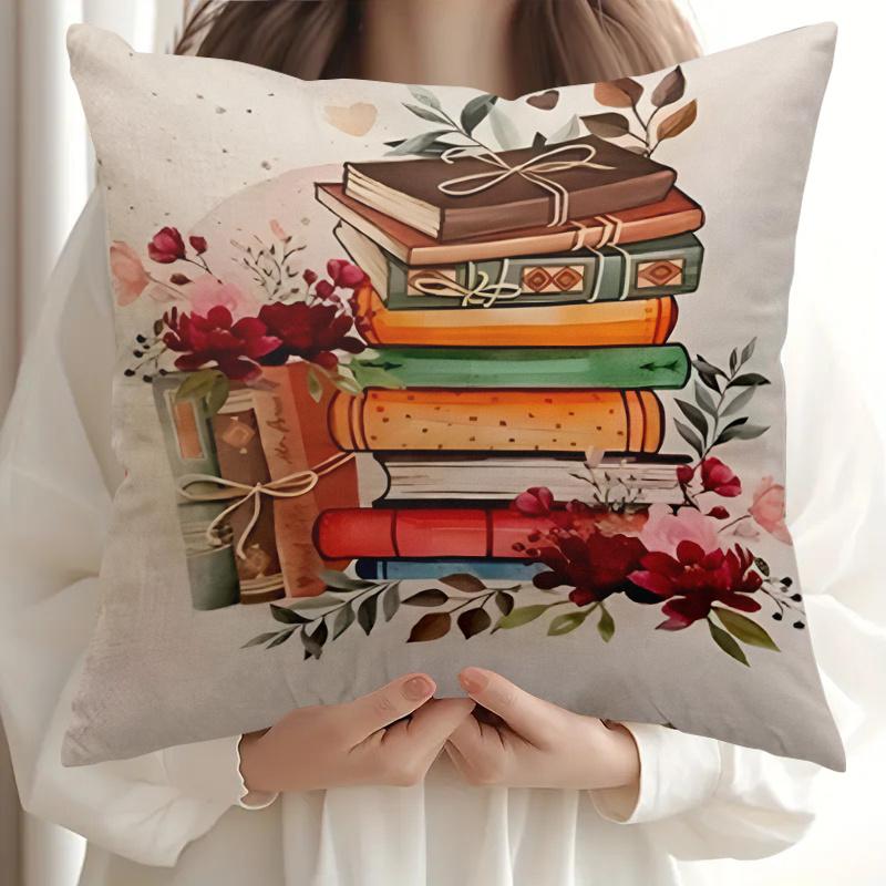 1Pc Vintage Book Stack Floral Print Cushion Cover Polyester 2D Double-Sided Printing Pillow Cover For Sofa Bedroom Living Room B