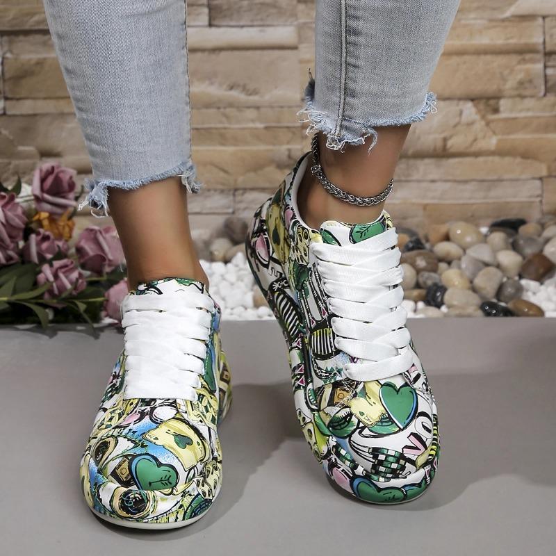 Women's Casual Sneakers Fashion New Painted Graffiti Lace Up Sports Shoes for Women Flat Pu Leather Ladies Running Shoes