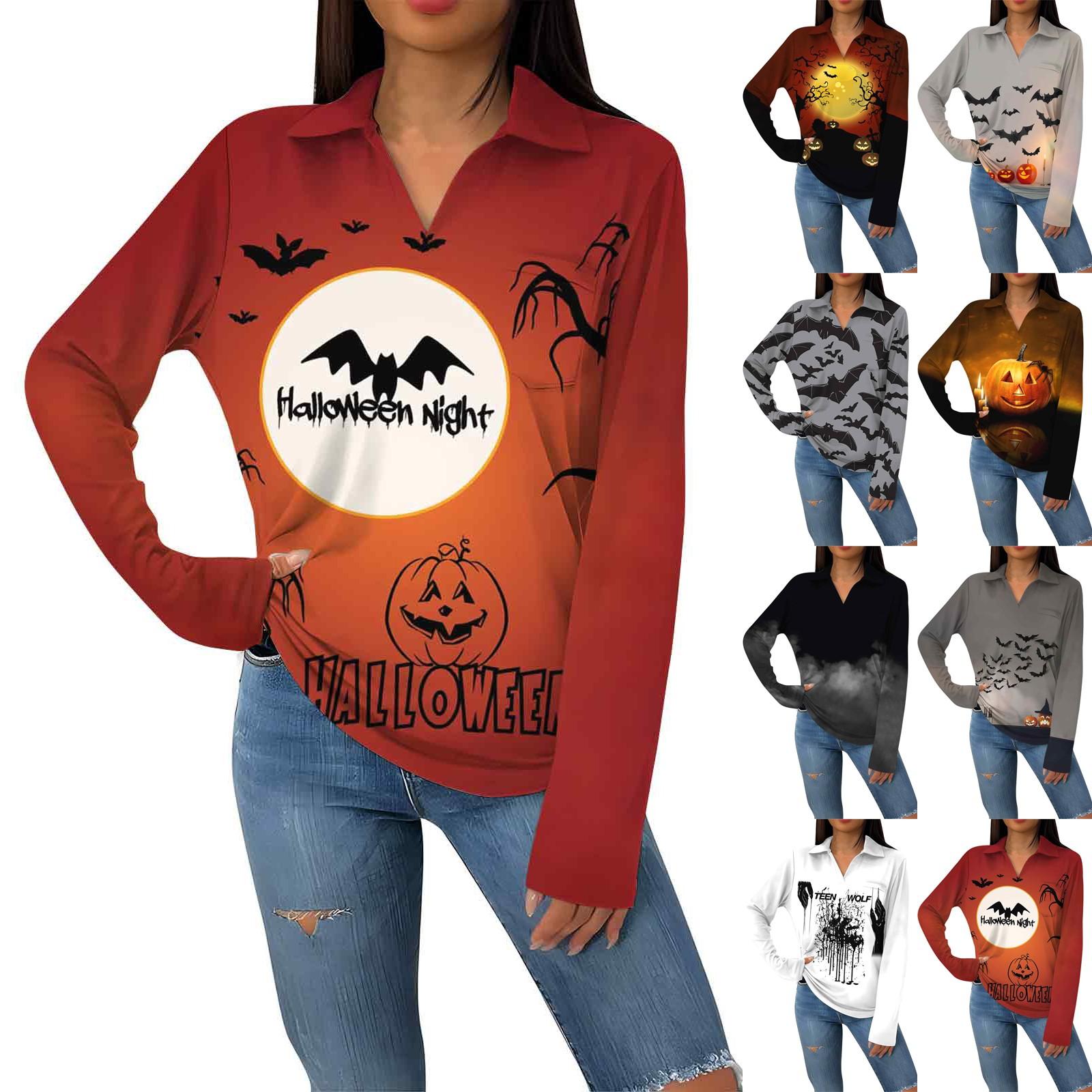 

Женская модная повседневная футболка с длинным рукавом и V-образным вырезом на Хэллоуин с принтом и лацканами S серый