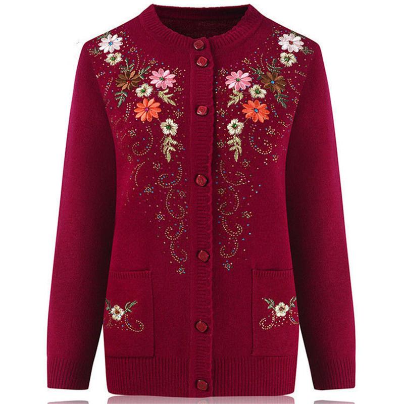 Women's Single-breasted Slim Sweater Coat Middle-aged and Elderly Embroidery Knit Cardigan Jacket