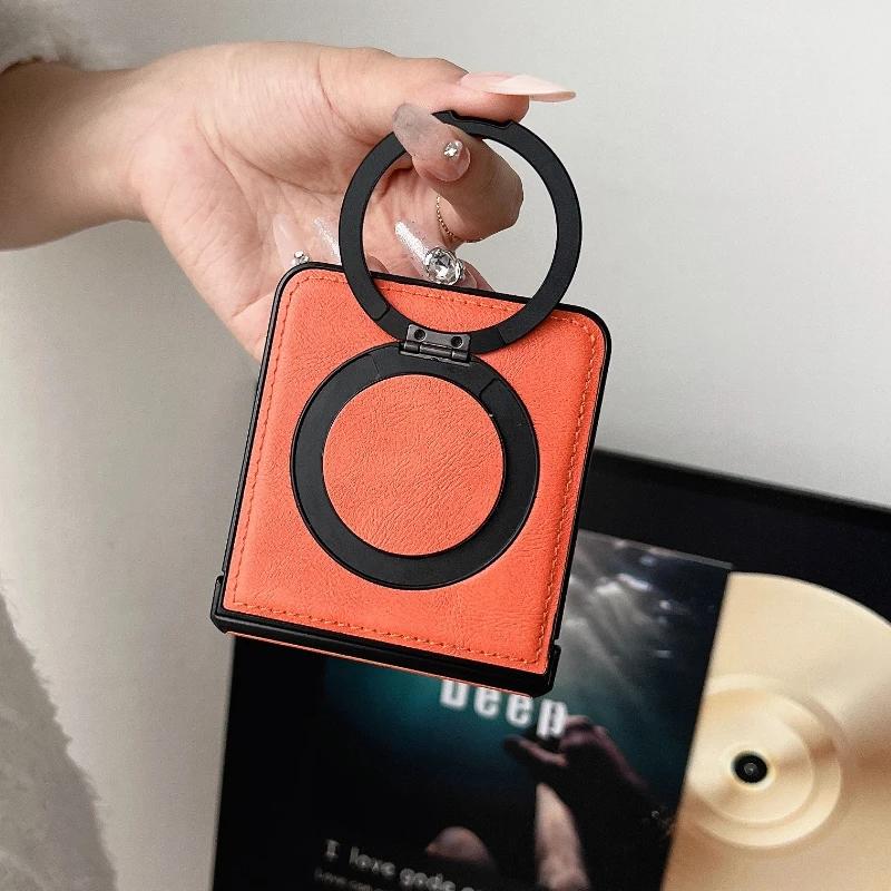 Business Sle Magnetic Rotating Holder Phone Case for Samsung Galaxy Z Flip3 4 5 6 7 Leather 3-piece Hinge Set Anti-Scratch Cover