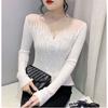 High End Chic Schöner Pullover Damen Patchwork Mesh Ajour Schwerindustrie Diamantbesetzt Sexy Vielseitig Langärmliger Basis-Pullover