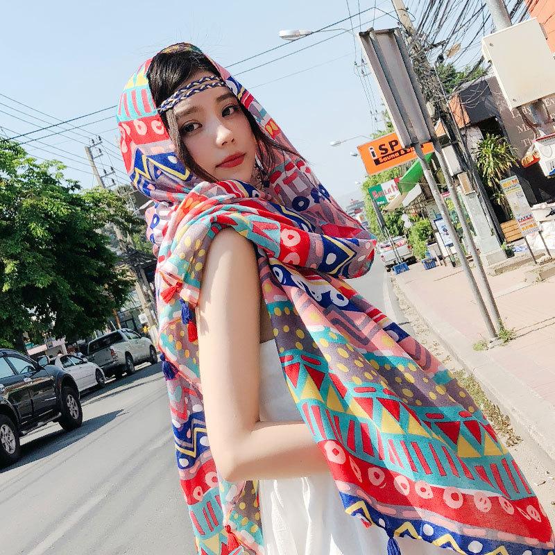 Caimengge summer cotton and linen red ethnic style tourism seaside vacation sun protection scarf shawl silk scarf beach towel women 180*100