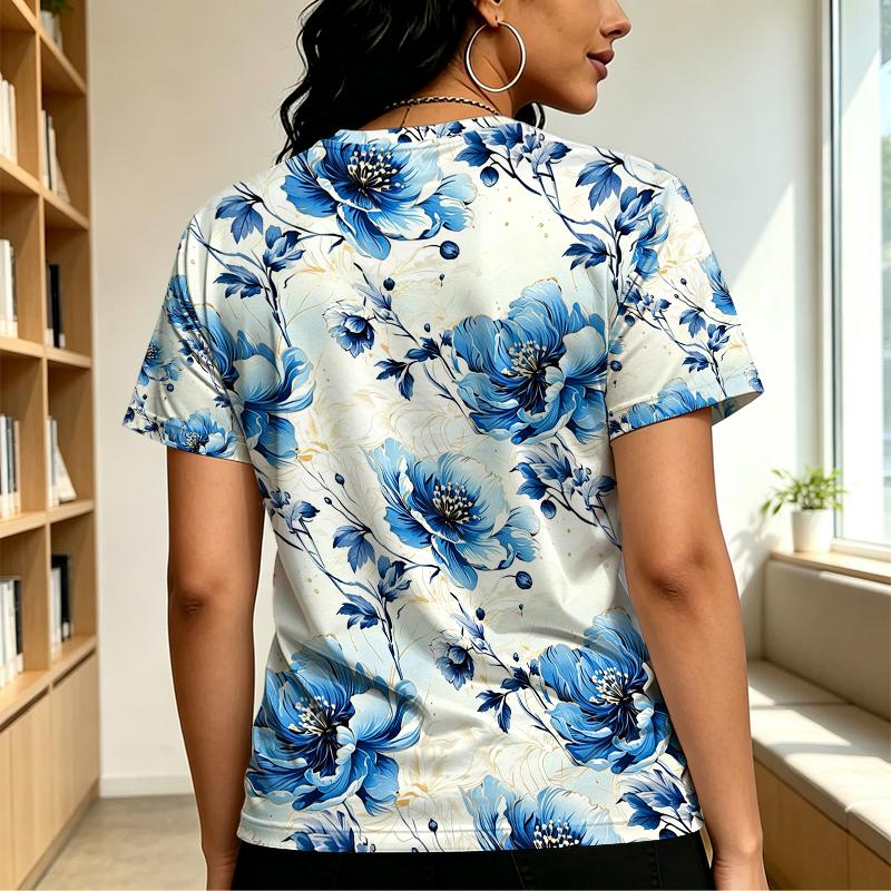 Women's Urban Minimalist Blue White Floral T-Shirts Loose Fit Soft Tops for Daily Casual & Dating Wear