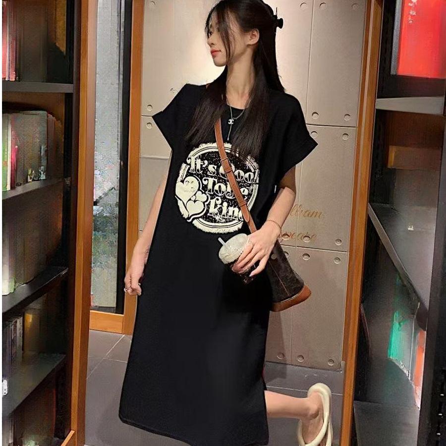 

Новое платье-футболка с коротким рукавом в корейском стиле для женщин, свободное и повседневное, платье большого размера с маленькими рукавами-крылышками и разрезом, длинное платье для лета 4XL чёрный