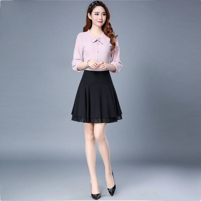 Korean Fashion Women Chiffon Skirts Summer Office Lady All-match Double Layer With Lining Elastic High Waist Black A-line Skirt