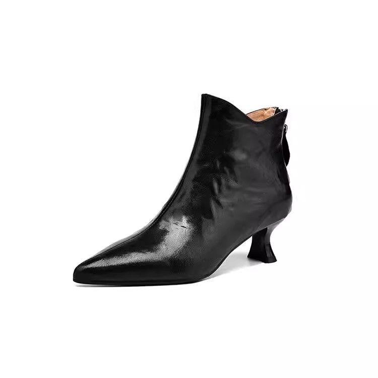Women's V-Cut Stiletto Heel Ankle Boots, Pointed Toe, Fleece-Lined, Back Zipper - 2025 Autumn/Winter Collection.