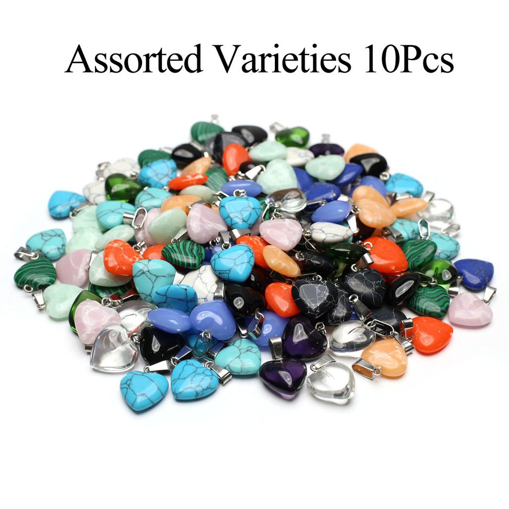10Pcs, Natural Stone Heart Pendant, Spiritual Healing Crystal Turquoise Agate Amethyst Gems Charms for Jewelry Making DIY Necklace Accessories Crafts