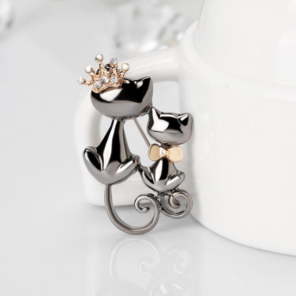 Fashion Jewelry Shiny Rhinestone Cute Double Cats Kitten Crown Brooch Pin Gift