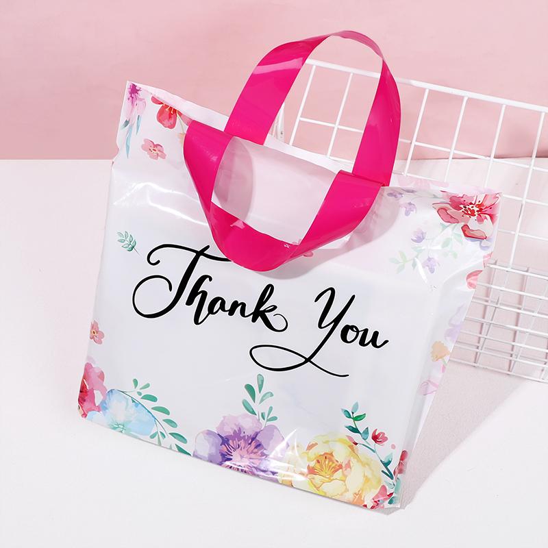 10pcs Flowers Thank You Gift Bag Plastic Tote Bags for Wedding Birthday Party Decoration Thanksgiving Christmas Gift Packaging