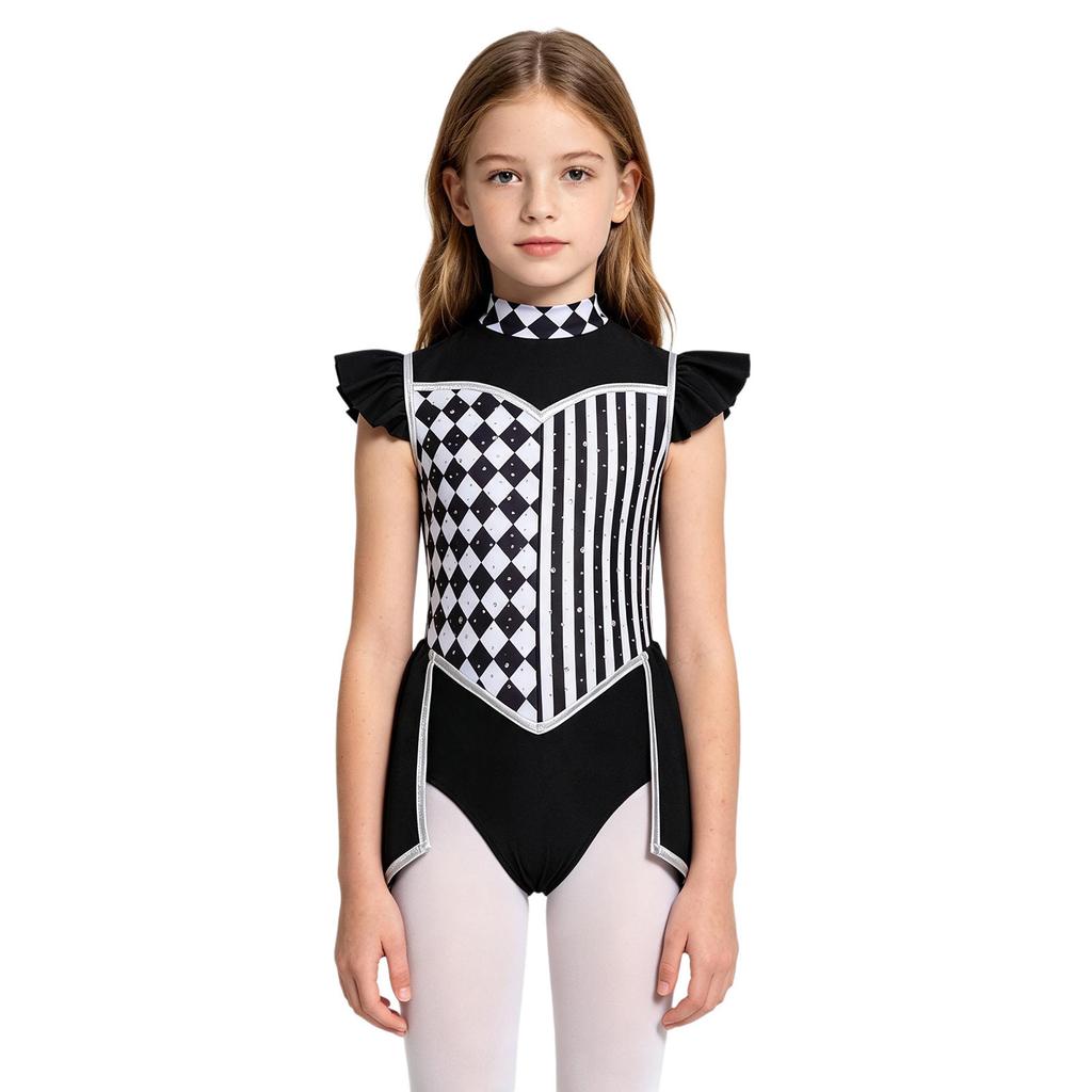 Girls Clown Cosplay Bodysuit Rhombus Patchwork Ruffled Sleeves Mock Neck Back Zip for Circus Halloween Masquerade Performance